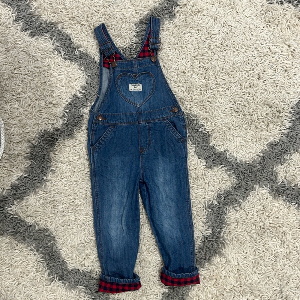 OshKosh Toddler Boys Size 3T Blue Denim Bib Overalls with Buffalo Check Lining